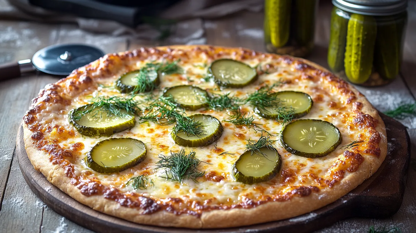 A freshly baked pickle pie pizza with a golden crust, melted cheese, and tangy dill pickles.