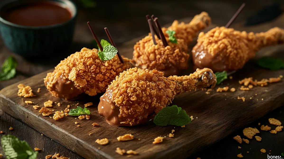 A plate of Fried Chicken Ice Cream styled as crispy fried chicken drumsticks with chocolate sticks as bones.