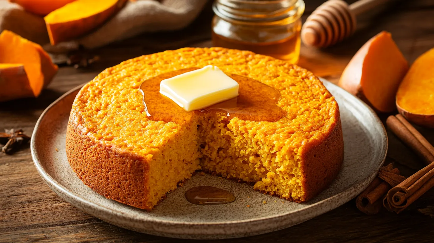 Sweet potato cornbread topped with butter and honey on a rustic table