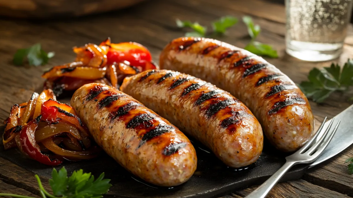 Gourmet Trader Joe's Chicken Sausage grilled to perfection, served with roasted red peppers and caramelized onions.