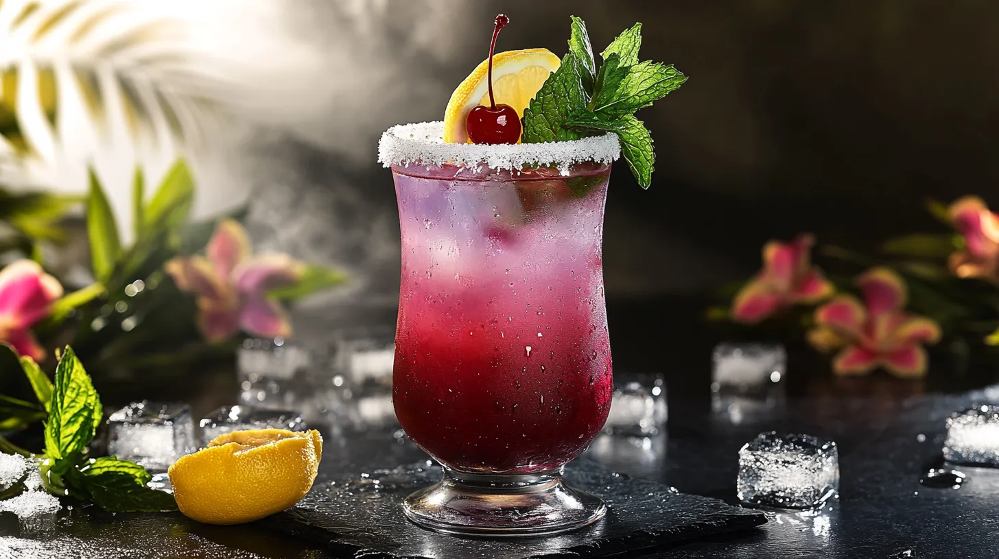 A vibrant Jalbitedrinks liquor recipe with red-to-pink gradient, garnished with mint, lemon, and cherries