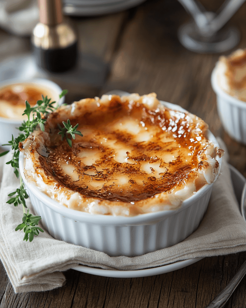 Crab brulee recipe plated with caramelized sugar crust and garnished with thyme.