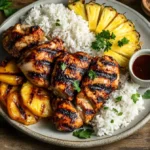 Smoky grilled Pulehu chicken served with rice and pineapple