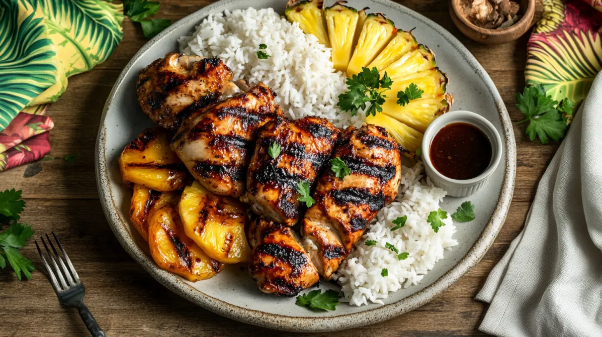 Smoky grilled Pulehu chicken served with rice and pineapple