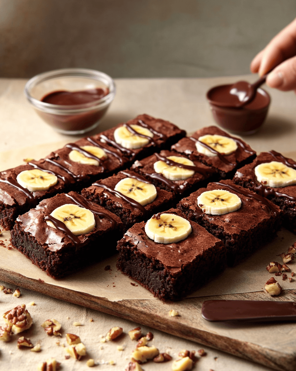 Banana brownies served on a wooden board with banana slices and chocolate drizzle.