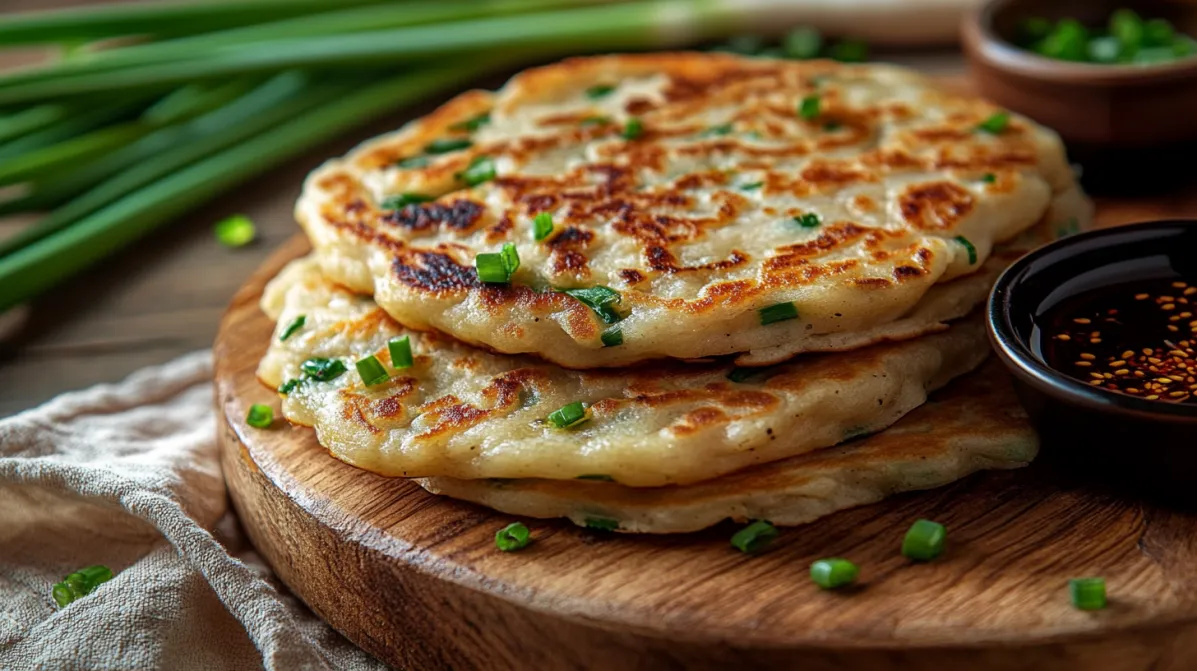 Trader Joe’s scallion pancakes served with soy sauce and chili oil on a rustic wooden board