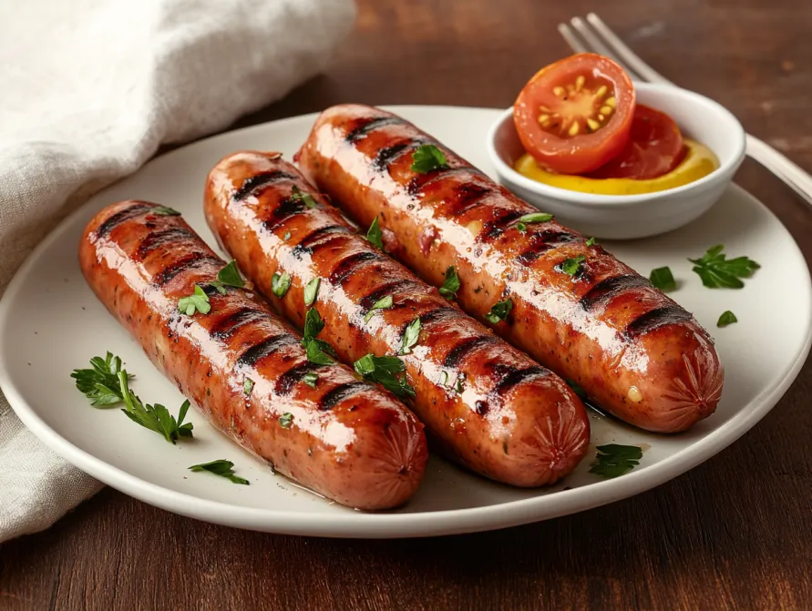 Grilled Vienna sausages served with parsley and cherry tomatoes