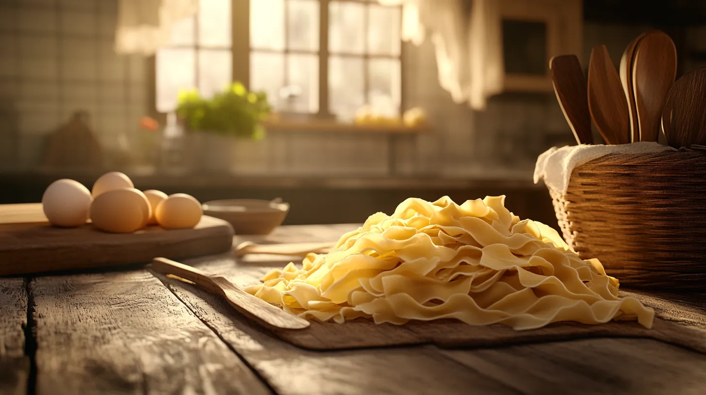 Wide egg noodles with rustic utensils and a cozy kitchen backdrop